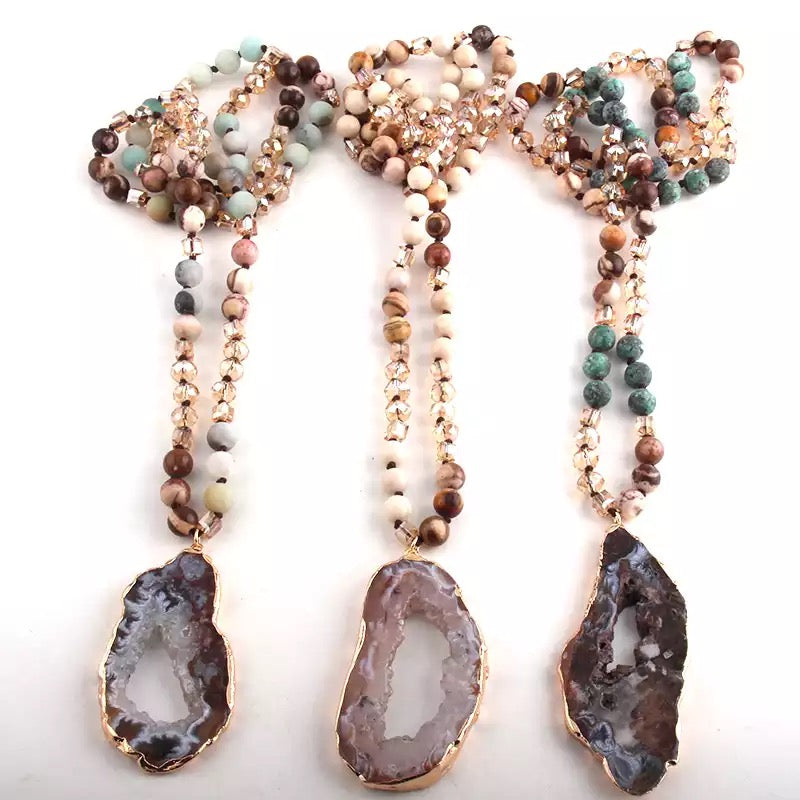 Beaded Necklace with Natural Stone Pendant