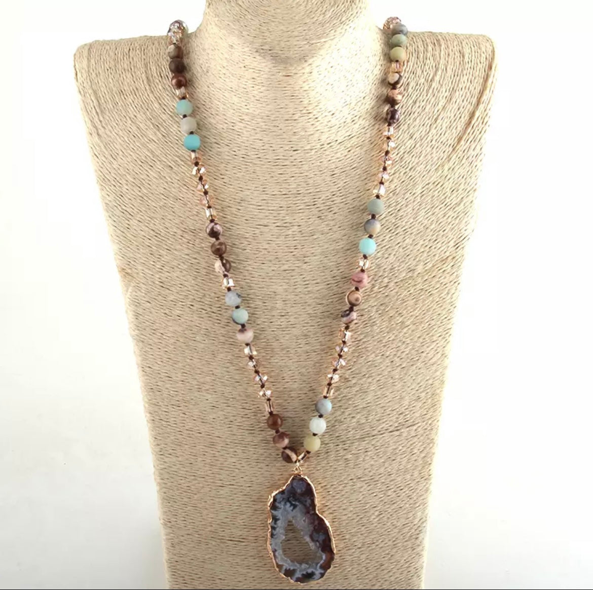 Beaded Necklace with Natural Stone Pendant