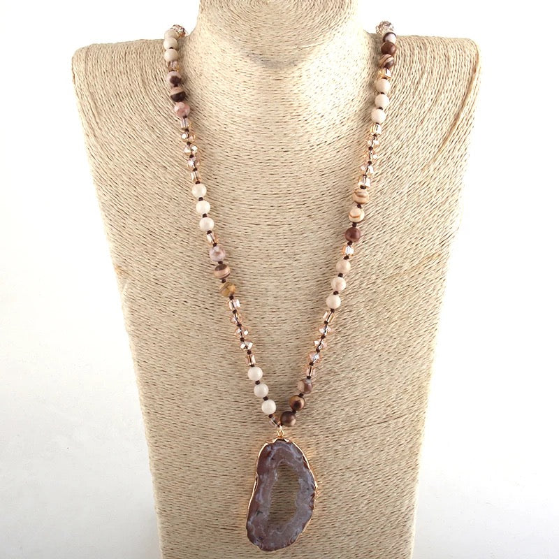 Beaded Necklace with Natural Stone Pendant