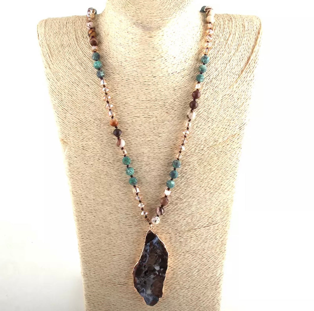 Beaded Necklace with Natural Stone Pendant